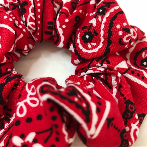 Handmade Red Bandana Scrunchie Boho Chic - Picture 2 of 3